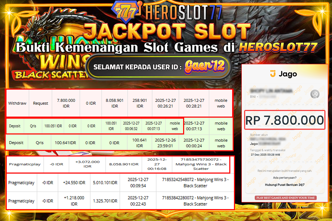 HEROSLOT77 JACKPOT MAHJONG WINS-3 BLACK SCATTER Rp7.800.000,- LUNAS!!!